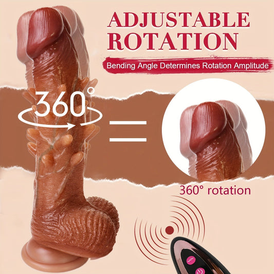 Adjustable Rotation Dildo: 9.1 Vibration Realistic G-Spot Anal Stimulation. 360° Rotation. Remote Control. Latex. Battery Powered. 1200mAh Li-ion Battery. Liquid Silicone