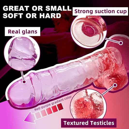Realistic Dildo Clear Silicone 7.8" Red-Purple Gradient Adult Sex G-spot Dildo with Strong Suction Cup for Women Hands-Free Play Flexible Soft Penis Dong. Toys for Vaginal and Anal Stimulation