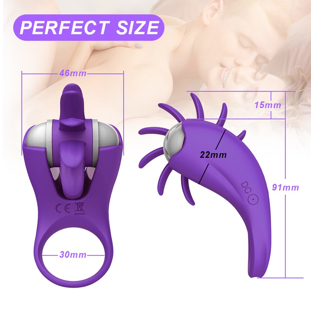 Penis Rings Delay Lock Sperm Vibrator, Licking Tongue G-Spot Clitoral Vaginal Stimulator Orgasm Male Lock