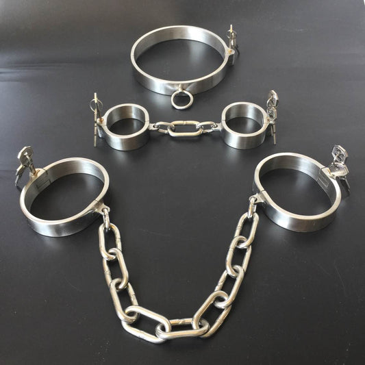 Stainless Steel Slave Flirt Wrist Handcuffs Ankle Cuffs Neck Collar Chain BDSM Shackle Bondage Invisible Lock Fetish Sex Toys
