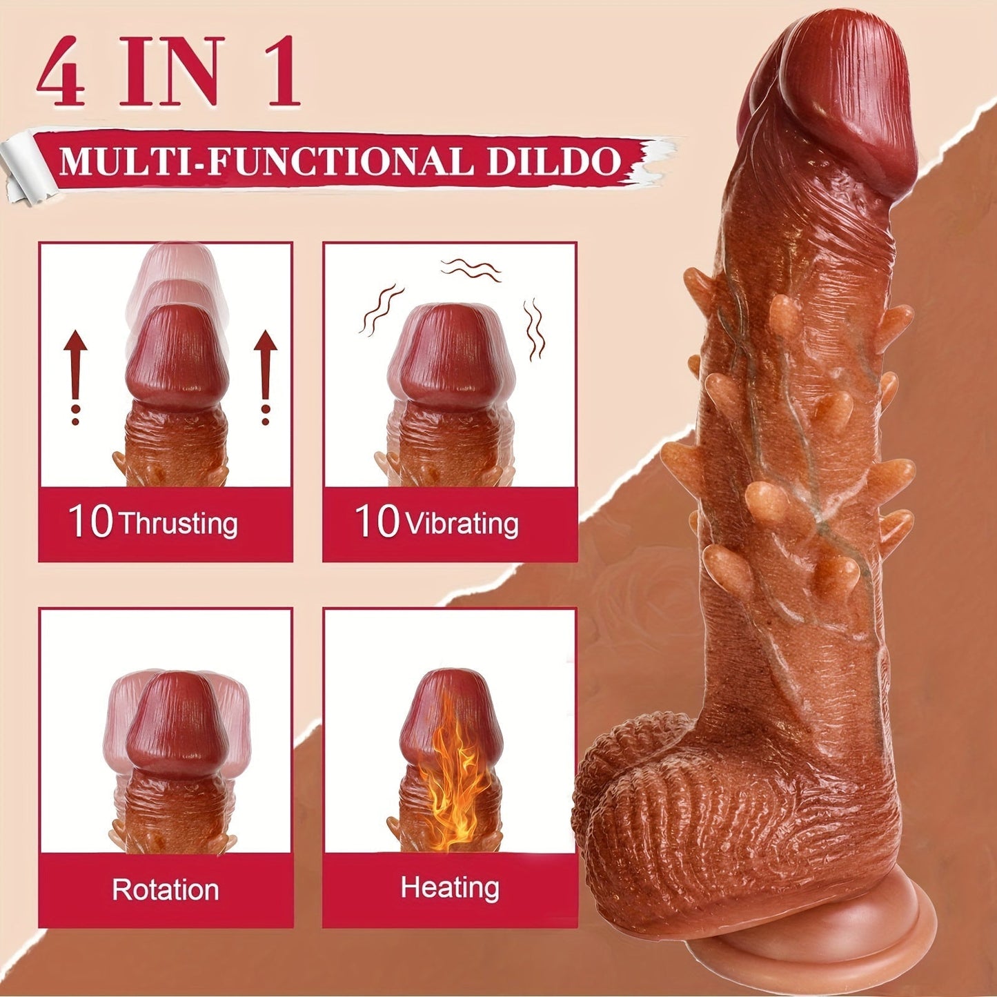 Adjustable Rotation Dildo: 9.1" Vibrating Realistic G-Spot Anal Stimulation. 360° Rotation. Remote Control. Latex. Battery Powered. 1200mAh Li-ion Battery. Liquid Silicone.