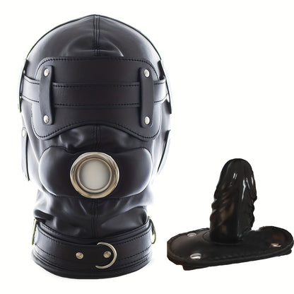 Black Leather BDSM Head Hood with Removable Blindfold And Dildos Mouthpiece Gag - Adult Sex Toy. SM Bondage Accessories Valentine'S Day Gift