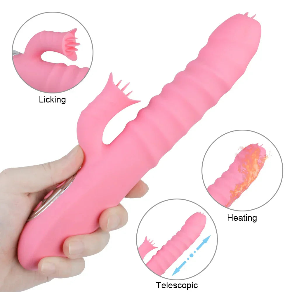 12 Vibration 5 Telescopic Modes Vagina G Spot Massager Heated Dildo Tongue Licking Vibrator Clitoris Stimulator