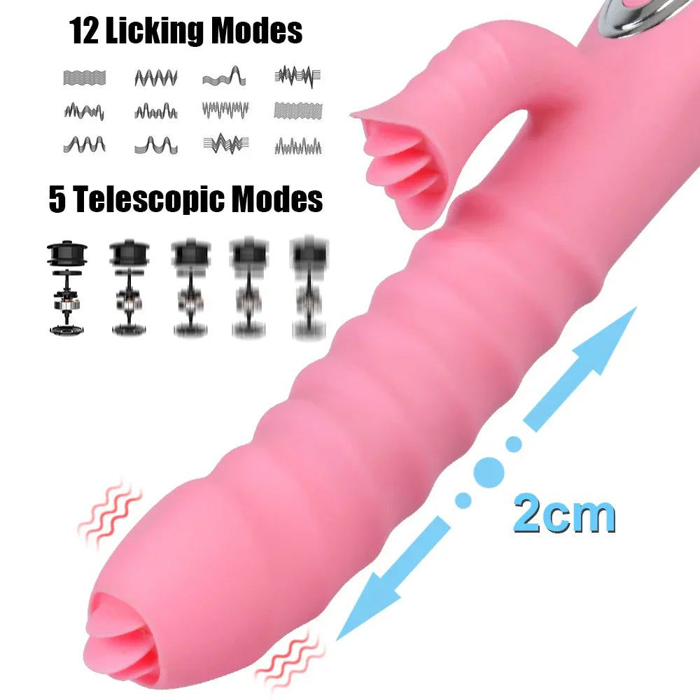 12 Vibration 5 Telescopic Modes Vagina G Spot Massager Heated Dildo Tongue Licking Vibrator Clitoris Stimulator
