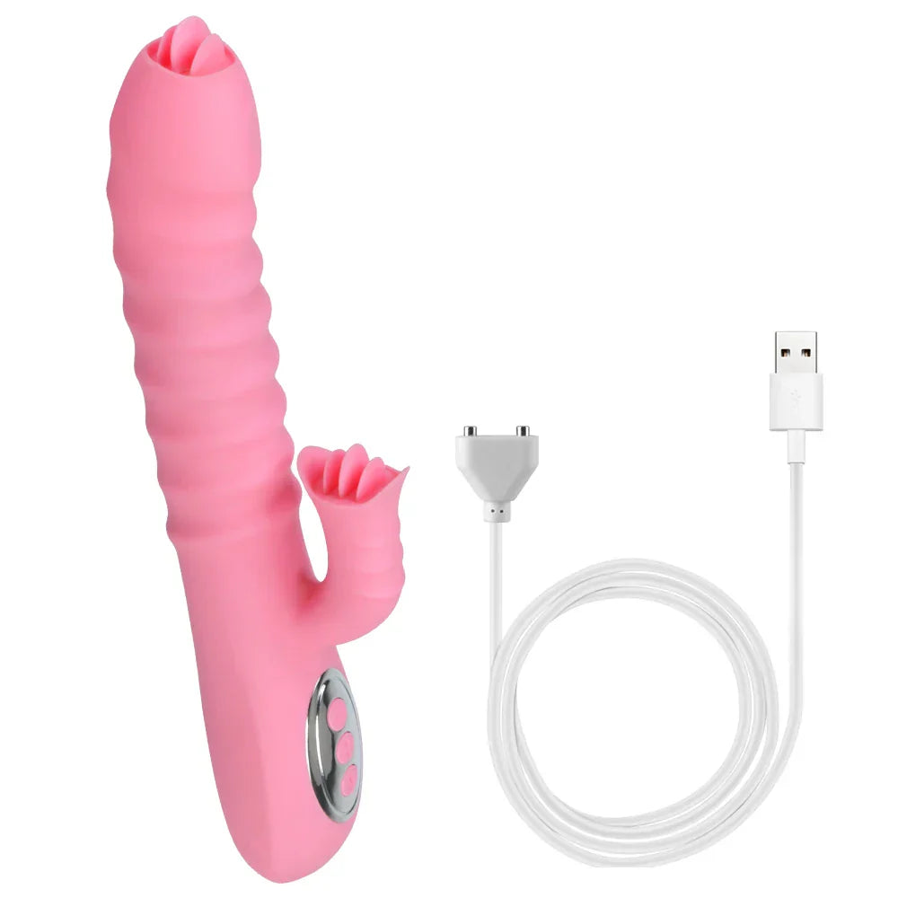 12 Vibration 5 Telescopic Modes Vagina G Spot Massager Heated Dildo Tongue Licking Vibrator Clitoris Stimulator