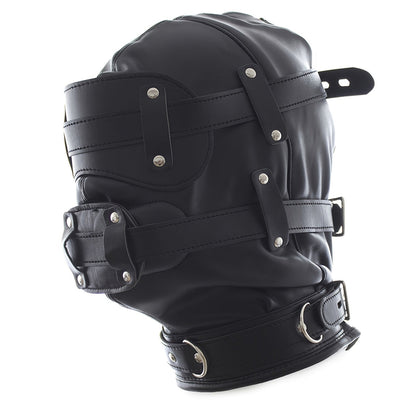 Black Leather BDSM Head Hood with Removable Blindfold And Dildos Mouthpiece Gag - Adult Sex Toy. SM Bondage Accessories Valentine'S Day Gift