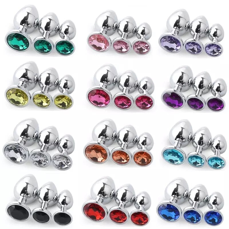 3 Different Size S/M/L Metal Anal Plug with Crystal Jewelry Smooth Prostate Massage Butt Silicone Plug Anal Sex Toys for Woman