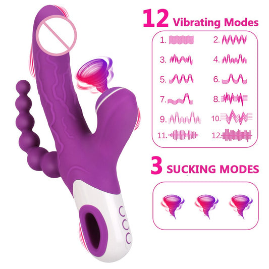 3-in-1 Vibrator Clitoris Sucker Anal Vaginal Stimulator 12-Speed Vibrating Dildo 3-Mode Oral Vacuum Sucking Sex Toys for Women