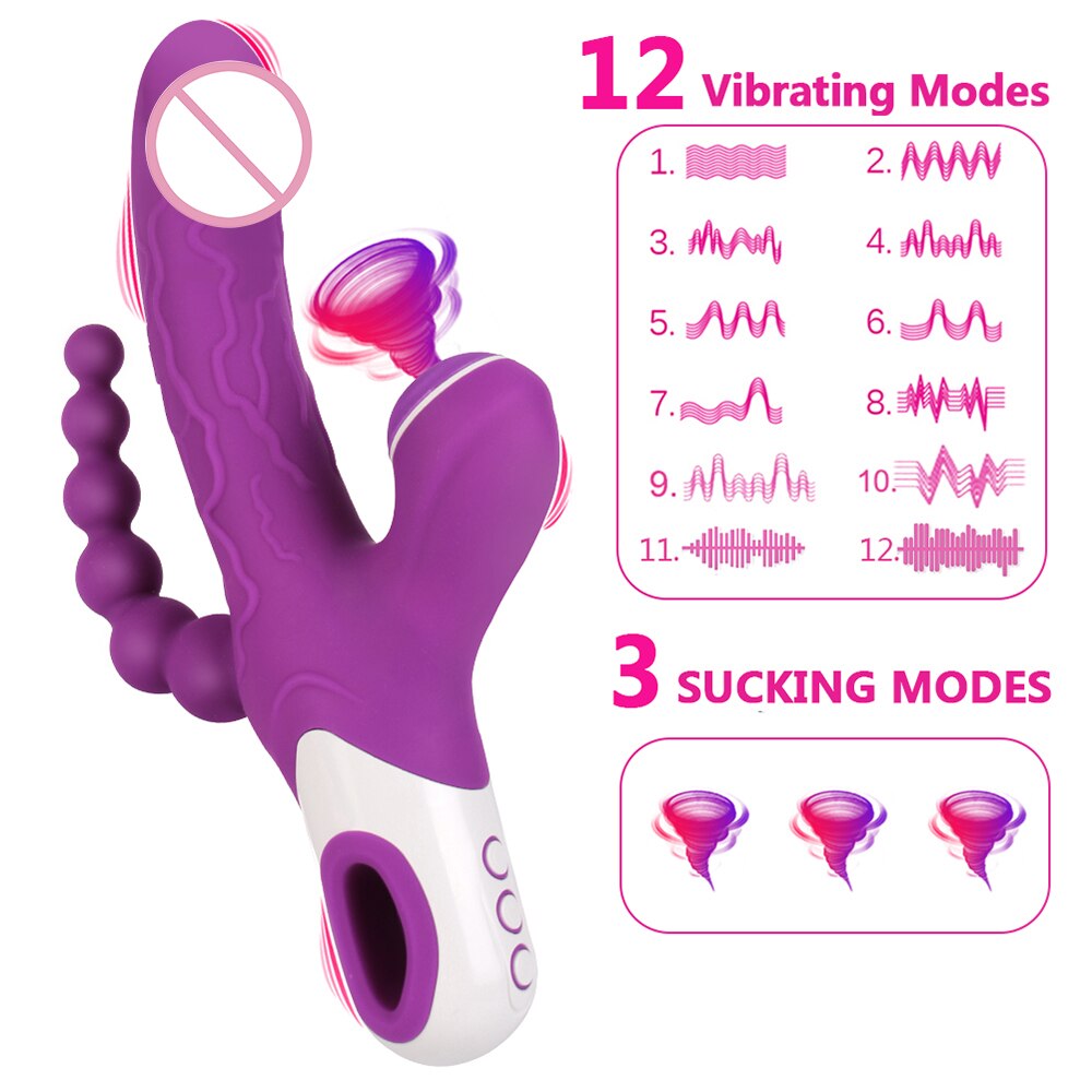 3 IN 1 Vibrator Clitoris Sucker Anal Vaginal Stimulator 12-Speed Vibrating Dildo 3-Mode Oral Vacuum Sucking Sex Toys for Women