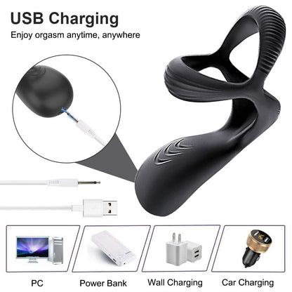 3-in-1 Vibrating Cock Ring Male Vibrator Penis Ring Delay Ejaculation Cockring Perineum Stimulator Sex Toys for Men Adult Goods