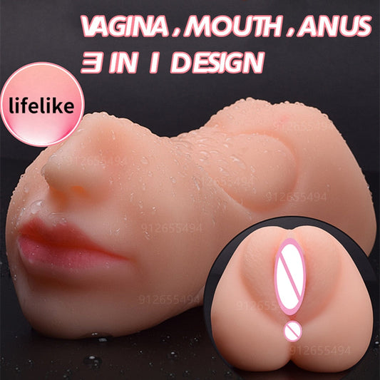 3-in-1 Sex Toy for Men, Realistic Dual-Color Deep Throat Masturbator with Silicone Vaginal, Oral and Anal Openings, Erotic Sex Toy