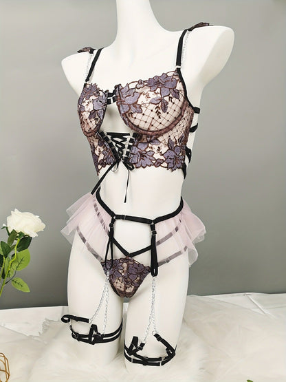 Women's Seductive Sheer Gauze Fishnet Lingerie Set with Floral Embroidery - V Neck Open Back Off The Shoulder Comfortable Bra with Underwire & Thong & Waistband with Chain Garter Belt - Perfect for Uniform Temptation