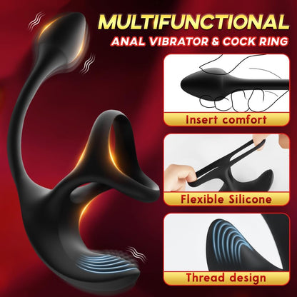 Vibrating Cock Ring Anal Plug with Prostate Massager. 4-in-1 Taint Stimulator Penis Ring Vibrator Couples Adult Sex Toys for Men. Remote Control Anal Butt Plug Vibrator for Male Sex Toy Couple