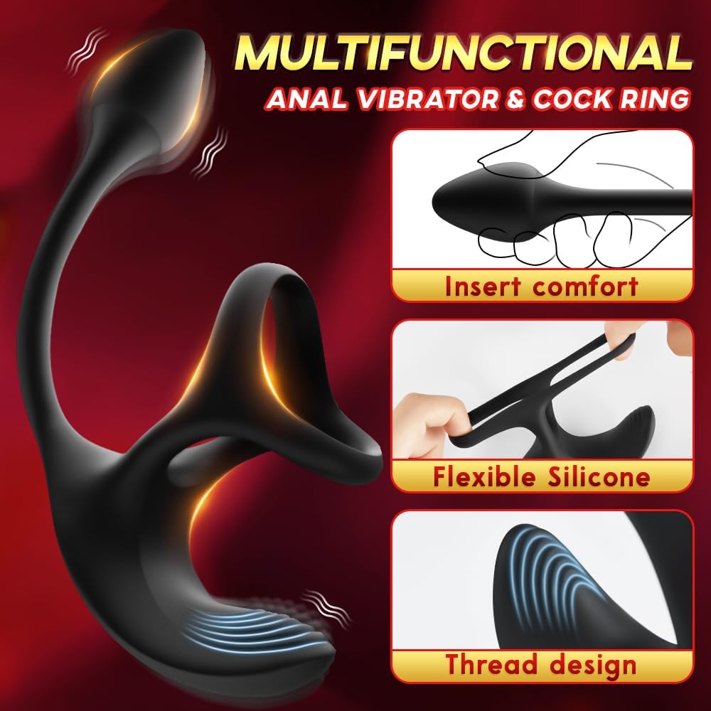 Vibrating Cock Ring Anal Plug with Prostate Massager. 4-in-1 Taint Stimulator Penis Ring Vibrator Couples Adult Sex Toys for Men. Remote Control Anal Butt Plug Vibrator for Male Sex Toy Couple
