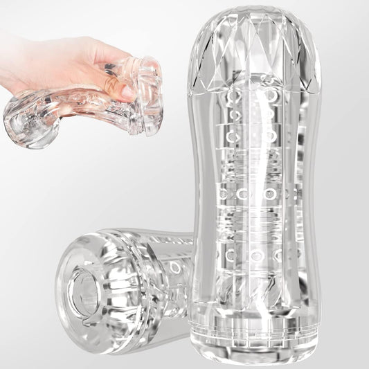 Manual Sucking Extrusion Male Masturbators. Portable Transparent Pocket Pussy Stroker with Vagina Textured Blowjob Sex Toys Penis TPE Masturbation Sleeve for Men