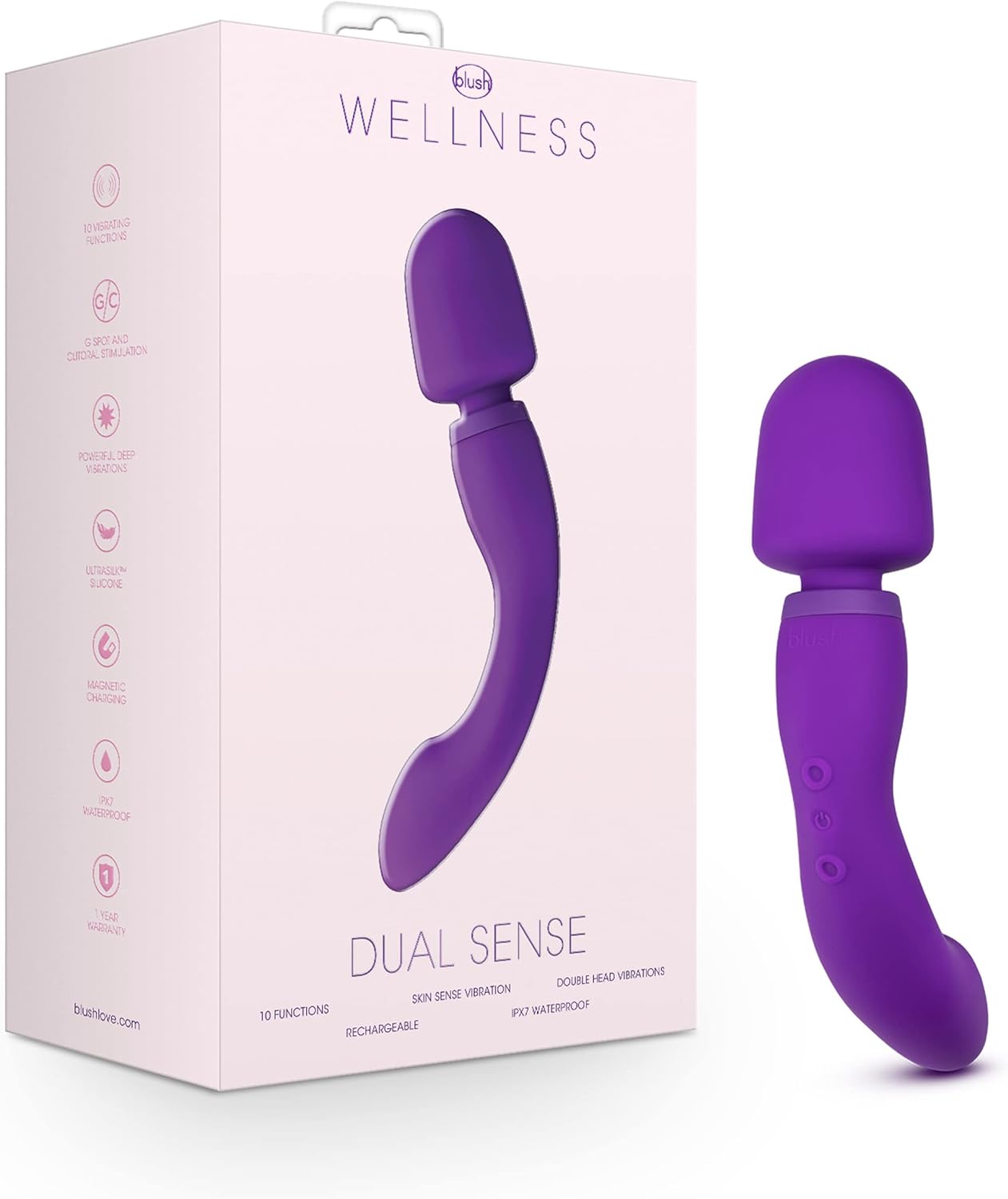 Blush Wellness Dual Sense - Innovative Touch-Sensitive Ultra Soft Silicone Massage Wand - Targets Sore Muscles - 10 Powerful Rumbly Vibration Functions On Both Ends of Massager - IPX7 Waterproof