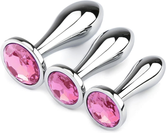 Anal Butt Plug. 3 Pcs Set Metal Anal Butt Plug Sex Toy with Crystal Diamond Beginner Anal Toy for Adult Unisex (Pink)