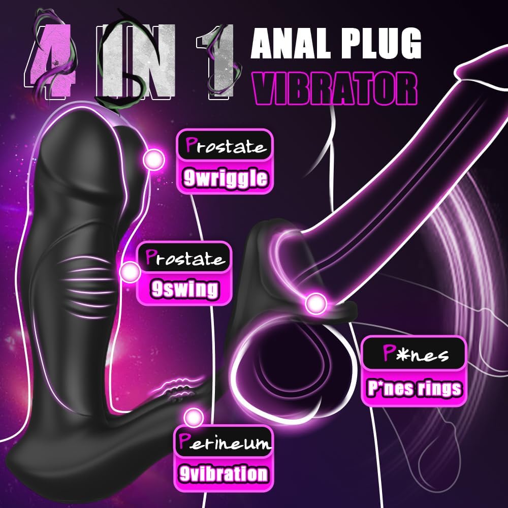 Wiggling Anal Vibrator Prostate Massager with Cock Ring. 9 Swing Thrusting & Vibrating Remote Control Anal Plug Dildo Shaped. Adult Male Sex Toys for Beginner & Advanced Player, Gay Toy for Men, Couples