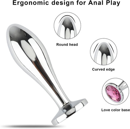Anal Butt Plug. 3 Pcs Set Metal Anal Butt Plug Sex Toy with Crystal Diamond Beginner Anal Toy for Adult Unisex (Pink)