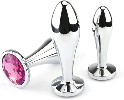 Anal Butt Plug. 3 Pcs Set Metal Anal Butt Plug Sex Toy with Crystal Diamond Beginner Anal Toy for Adult Unisex (Pink)