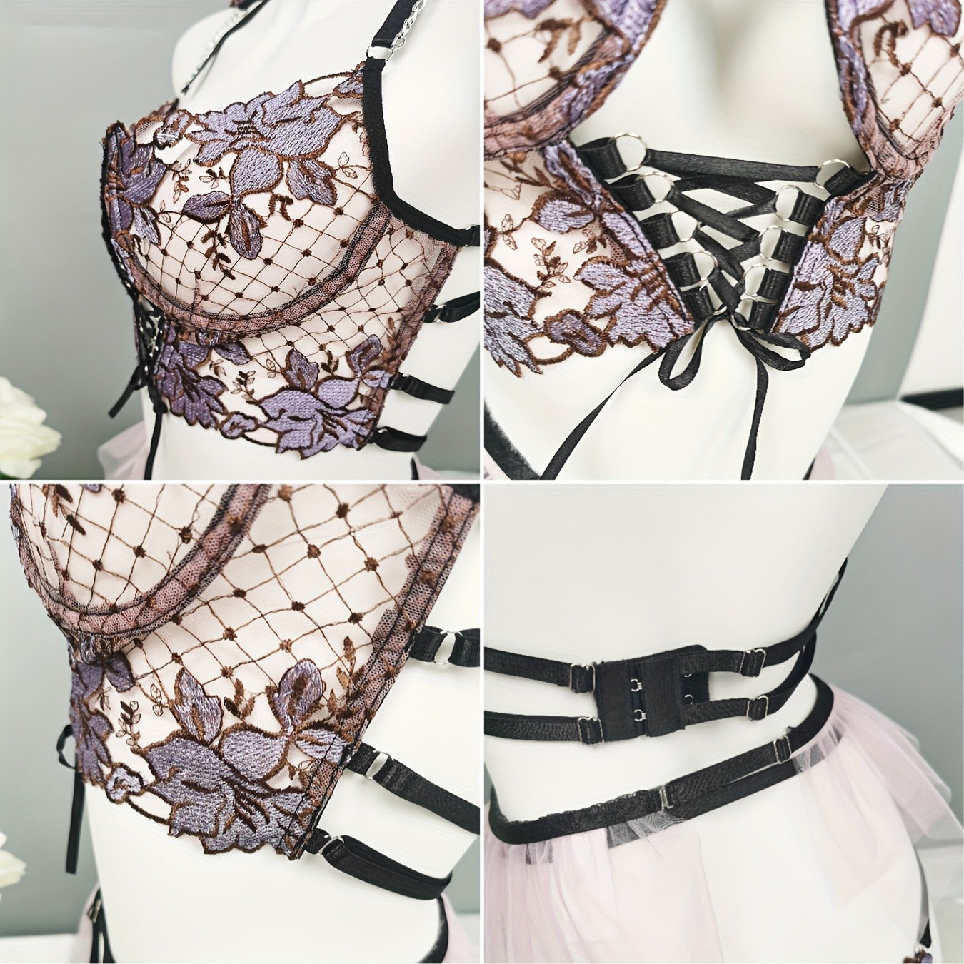 Women's Seductive Sheer Gauze Fishnet Lingerie Set with Floral Embroidery - V Neck Open Back Off The Shoulder Comfortable Bra with Underwire & Thong & Waistband with Chain Garter Belt - Perfect for Uniform Temptation