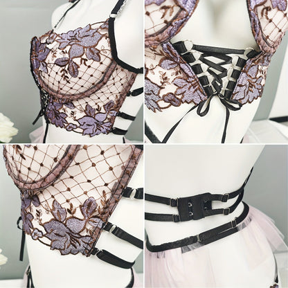 Women's Seductive Sheer Gauze Fishnet Lingerie Set with Floral Embroidery - V Neck Open Back Off The Shoulder Comfortable Bra with Underwire & Thong & Waistband with Chain Garter Belt - Perfect for Uniform Temptation