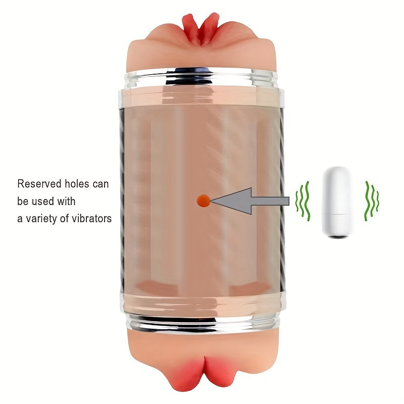 2-in-1 Male Masturbators with Vibration Modes, Stimulator, Double-Sided Pocket Pussy Toy, Realistic Texture Male Masturbation Cup, Silicone Hands-Free Stroker Sex Toy