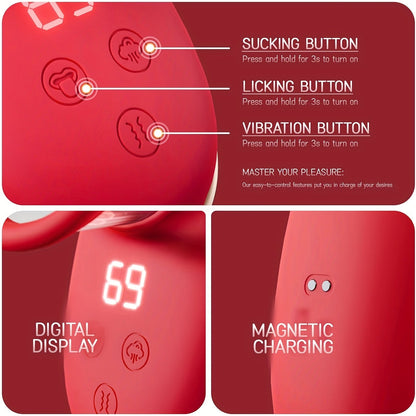 Rose Massager, 9 Frequency Vibration. 9 Frequency Tongue Licking. 3 Frequency Sucking. Adult Female Masturbation Sex Toy