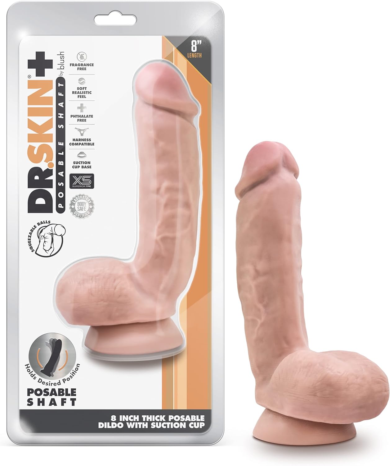 Dr. Skin Plus - 8 Inch Realistic Posable Dildo with Squeezable Balls - Suction Cup Base for Hands-Free Play and Harness Compatible - Triple Density and Flexible Sex Toy for Him, Her, Couples
