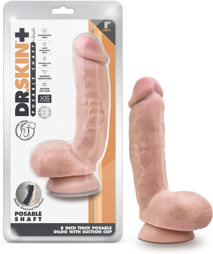 Dr. Skin Plus - 8 Inch Realistic Posable Dildo with Squeezable Balls - Suction Cup Base for Hands-Free Play and Harness Compatible - Triple Density and Flexible Sex Toy for Him, Her, Couples