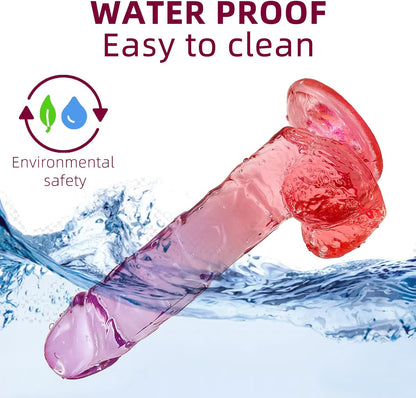 Realistic Dildo Clear Silicone 7.8" Red-Purple Gradient Adult Sex G-spot Dildo with Strong Suction Cup for Women Hands-Free Play Flexible Soft Penis Dong. Toys for Vaginal and Anal Stimulation