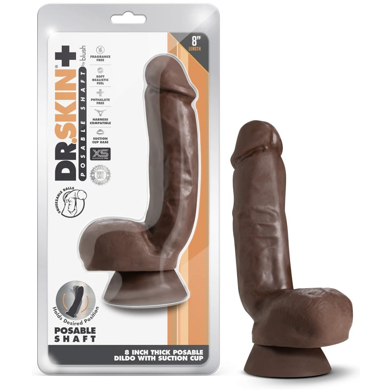 Dr. Skin Plus - 8 Inch Realistic Posable Dildo with Squeezable Balls - Suction Cup Base for Hands-Free Play and Harness Compatible - Triple Density and Flexible Sex Toy for Him, Her, Couples