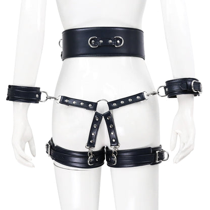 BDSM Sex Toy PU Leather Bondage Set Include Handcuffs.Belt. Legcuffs. Center Connection. Adult Toys Sex Bondage Toys for Women