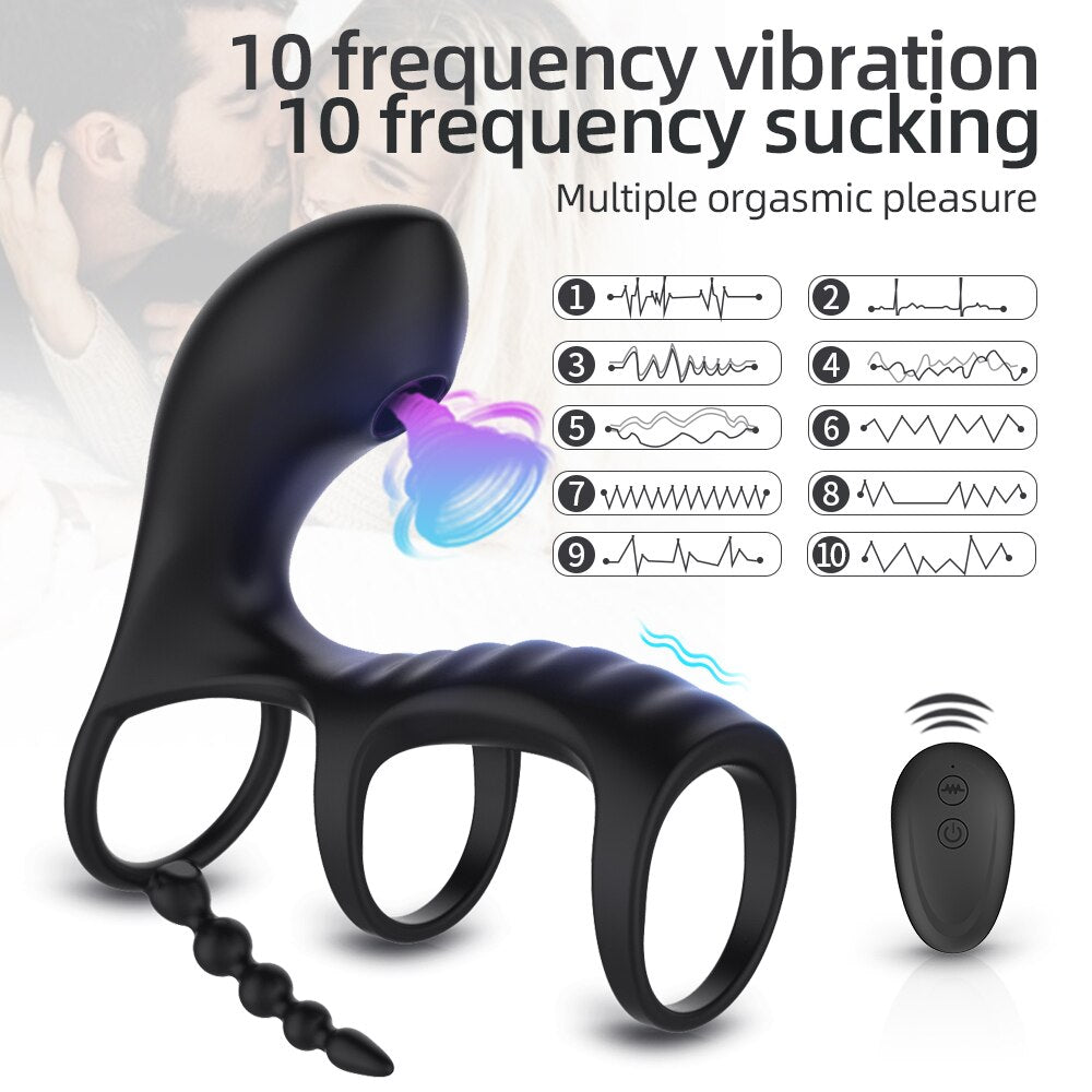 Dual Vibrating Penis Clitoris Suction Ring Anal Stimulation Penis Erection Vibrator for Couples Cockring Remote Control Sex Tool
