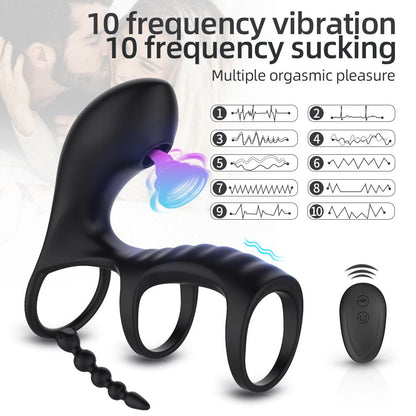 Dual Vibrating Penis Clitoris Suction Ring Anal Stimulation Penis Erection Vibrator for Couples Cockring Remote Control Sex Tool