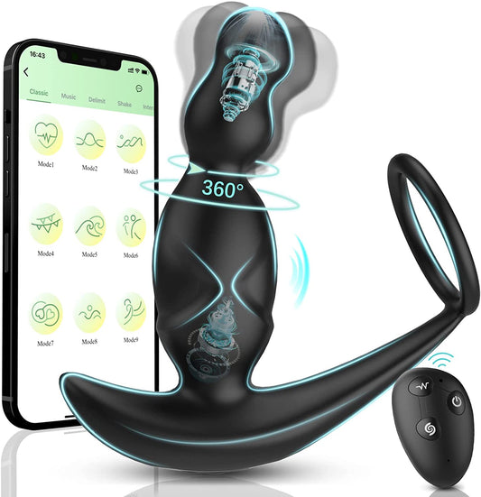 Gelugee App Anal Plug Vibrator Sex Toy for Men Prostate Massager 360-Degree Male Stimulation Buttplug with Cock Ring