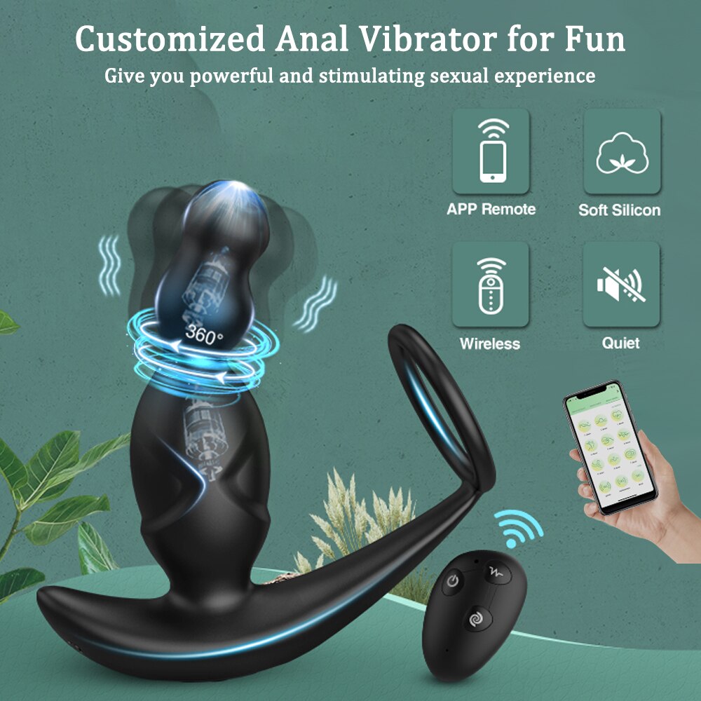 Gelugee App Anal Plug Vibrator, Sex Toy for Men, Prostate Massager, 360-Degree Stimulation Male Buttplug with Cock Ring