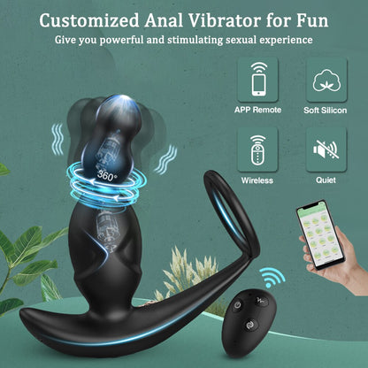 Gelugee App Anal Plug Vibrator, Sex Toy for Men, Prostate Massager, 360-Degree Stimulation Male Buttplug with Cock Ring