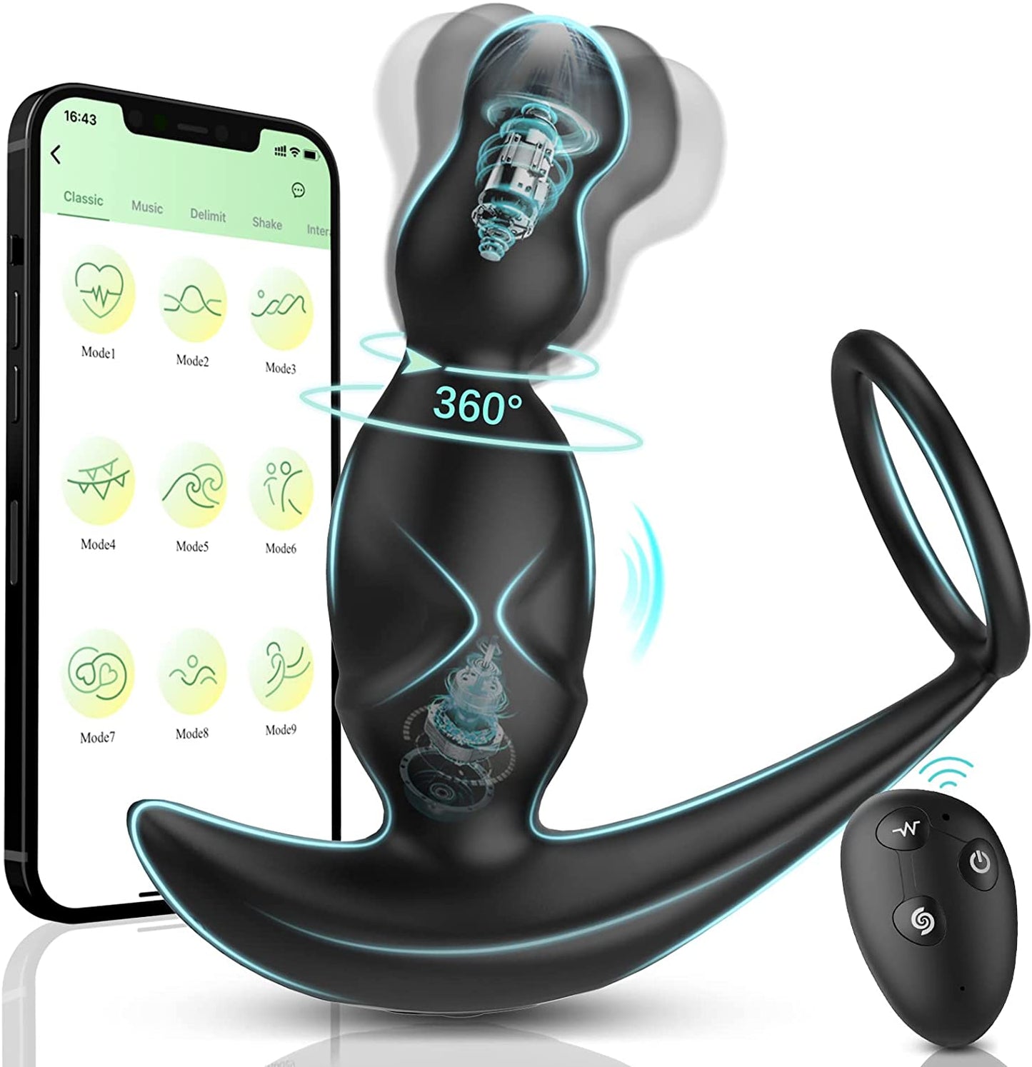 Gelugee App Anal Plug Vibrator, Sex Toy for Men, Prostate Massager, 360-Degree Stimulation Male Buttplug with Cock Ring