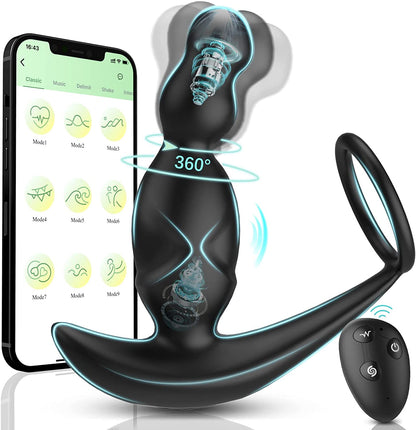 Gelugee App Anal Plug Vibrator, Sex Toy for Men, Prostate Massager, 360-Degree Stimulation Male Buttplug with Cock Ring