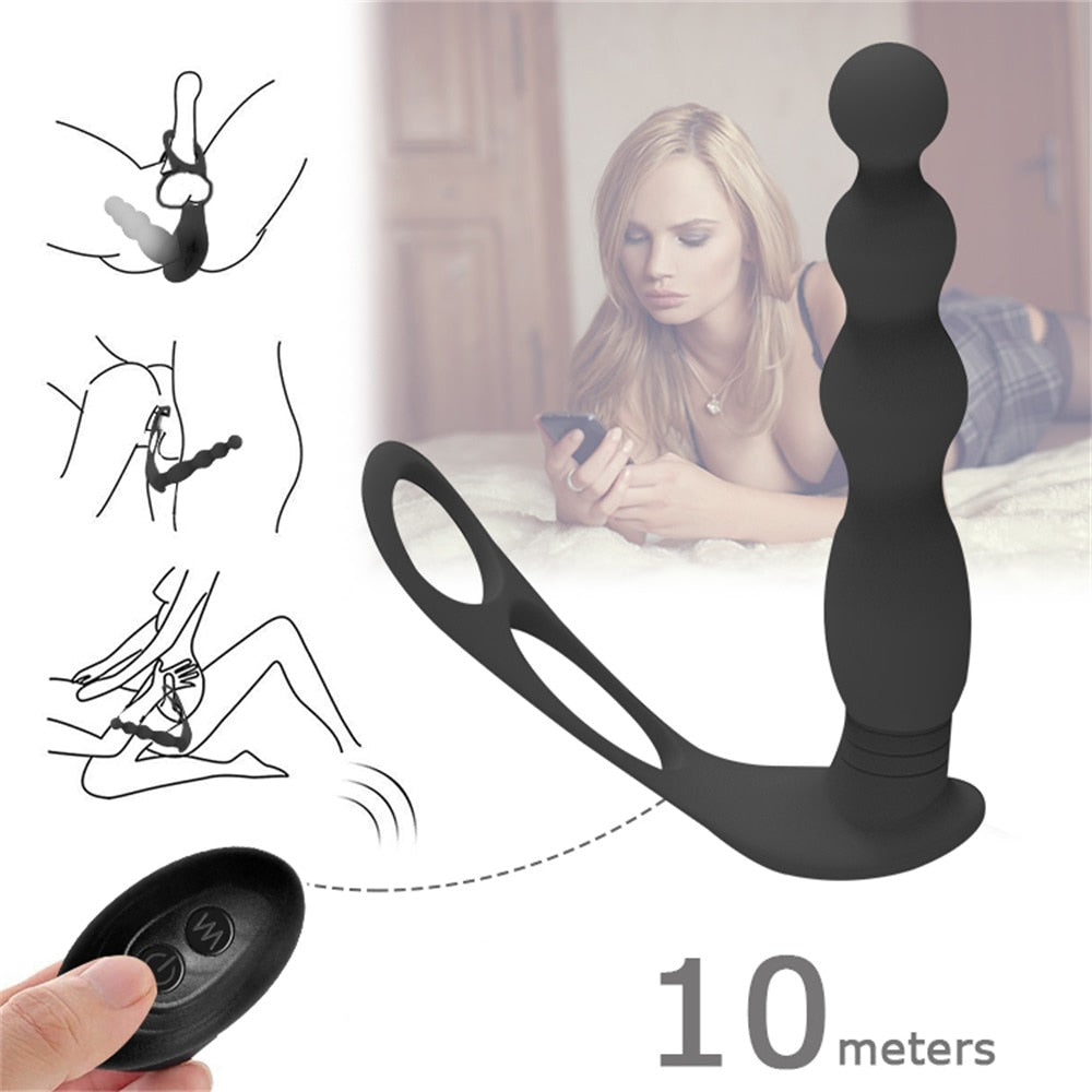 Silicone Anal Butt Plug Pull Beads with Cock Ring Prostate Massager Anal Balls Vibration Heating Erotic Anal Sex Toy for Adult
