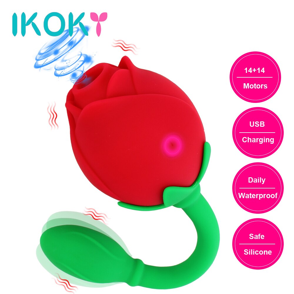 IKOKY 2-in-1 Anal Plug Sucking Vibrator, Tail Vibration, Clitoris Stimulation, Vagina Nipple Massager, Rose Shape Sex Toy for Women