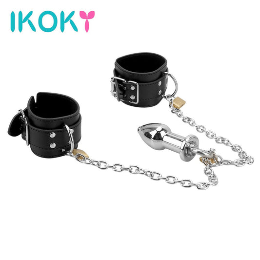 IKOKY Handcuff Bondage Kit Sex Toys for Women Leather Wrist Cuffs Sex Restraints with Anal Plug Anal Plug Erotic Enema