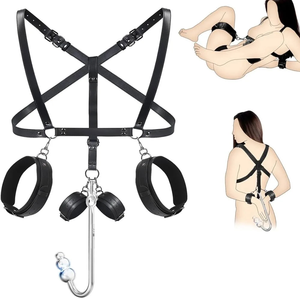 Leather Sex Bondage Suit Anal Hook Dribbling Gagged Anal Trainer Cosplay Ass Plug Fetish Slave Sex Toys Woman Man Erotic 18+