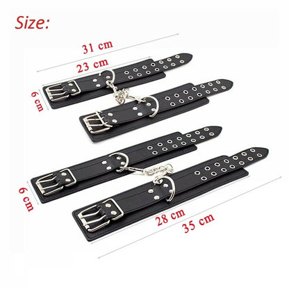 Male Female Black PU Leather Neck Collar Handcuffs Ankle Cuffs Wrist Chain Slave Bondage BDSM Fetish Restraints Kit Sex Toys