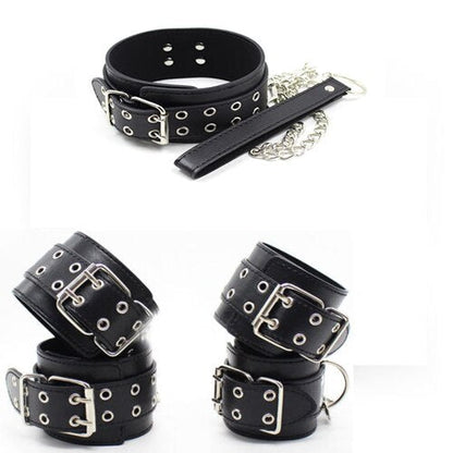 Male Female Black PU Leather Neck Collar Handcuffs Ankle Cuffs Wrist Chain Slave Bondage BDSM Fetish Restraints Kit Sex Toys