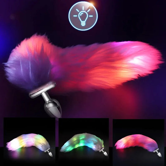 Metal Stainless Glow Steel New Detachable LED Cosplay Luminous Fox Tail Anal Butt Plug Sex Toys For Women Men Couples