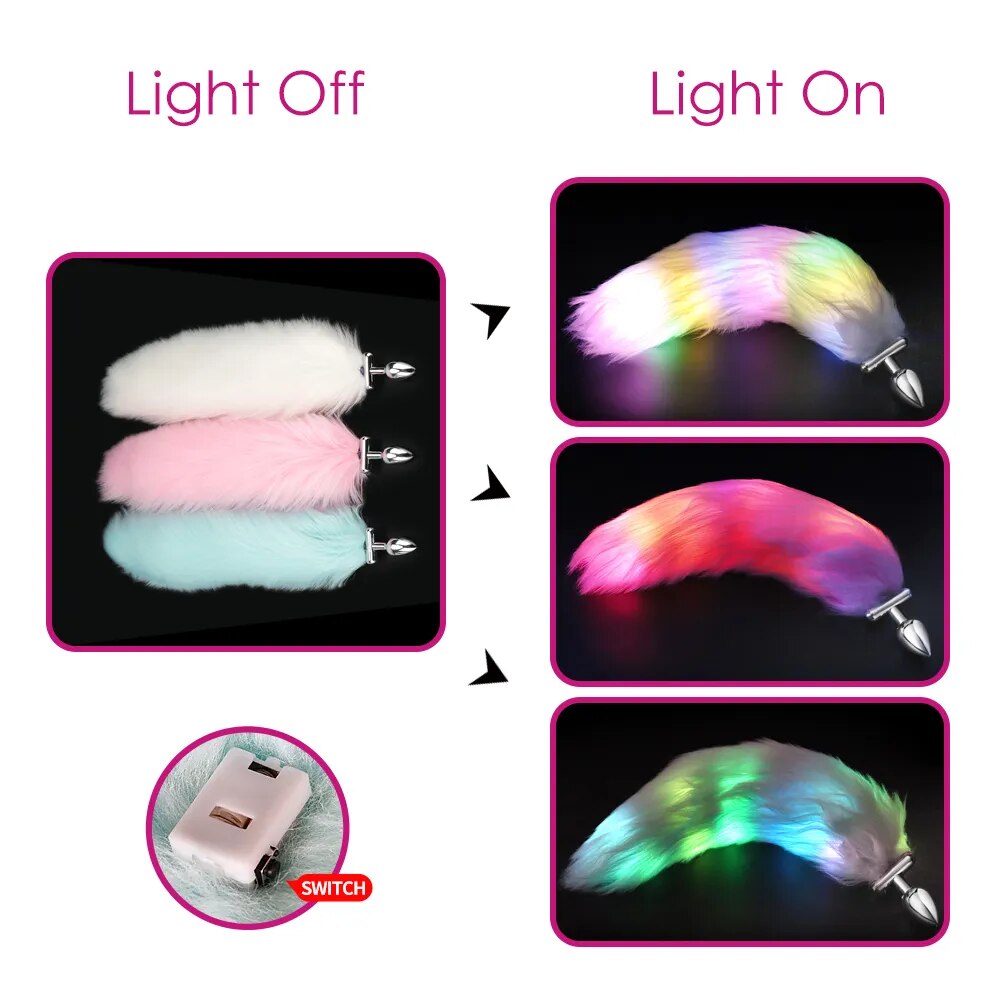 Metal Stainless Glow Steel New Detachable LED Cosplay Luminous Fox Tail Anal Butt Plug Sex Toys For Women Men Couples