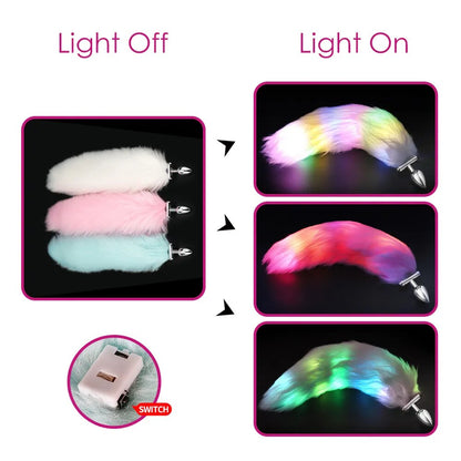 Metal Stainless Glow Steel New Detachable LED Cosplay Luminous Fox Tail Anal Butt Plug Sex Toys For Women Men Couples