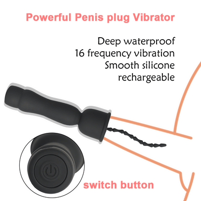 Mushroom Head 16-Frequency Vibration Urethral Stick Rechargeable Male Silicone Penis Time-Lapse Training Exercise Black
